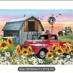 Diamond Painting kit, Old red truck, barn, sunflowers